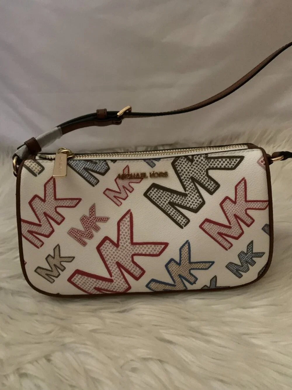 MICHAEL KORS Signature Logo Medium Pouchette in Optic White/Brown
